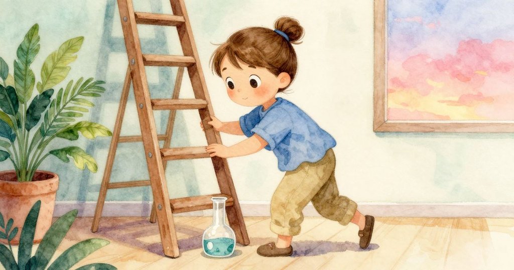 莉莉在室內過渡空間中蹲下，靠近梯子與燒杯，神情謹慎，柔和光線映照出實驗場景的變化