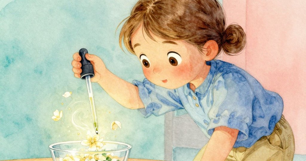 莉莉專注操作移液管，剎那間液體中金黃色茉莉花片旋轉，營造出如茶中雪般神奇瞬間