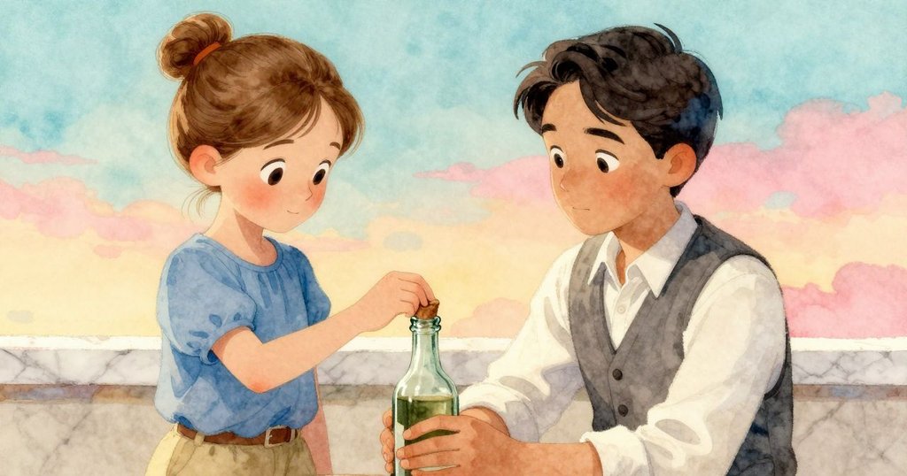 莉莉輕柔將瓶塞歸還至缺口瓶中，多里安靜靜注視，溫暖的大理石光影下展現出故事未完的情懷