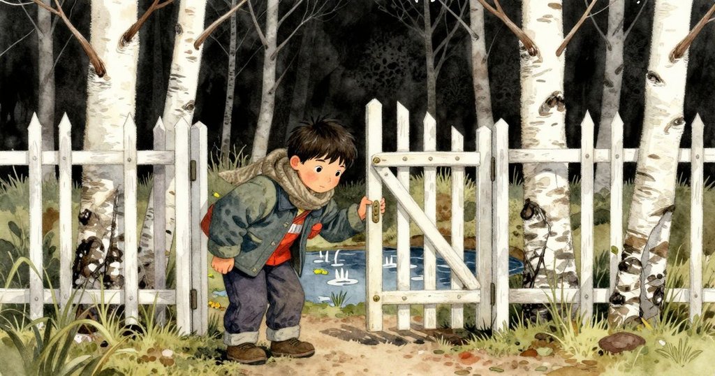 伊萊站在樺樹門前,注視著甦醒中的池塘,春日溫暖光線灑落在樹林與水面上,充滿希望與沉思