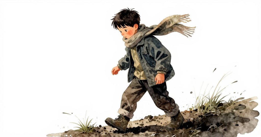 伊萊邁出步伐踏上泥濘岸邊,圍巾在微風中輕揚,畫面以傾斜視角動態呈現,自然中帶有探索之意