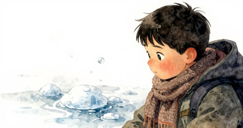 伊萊注視融冰中冒出的氣泡,臉上流露出好奇與驚喜,冰面上氣泡輕輕破裂,氛圍靜謐而深邃