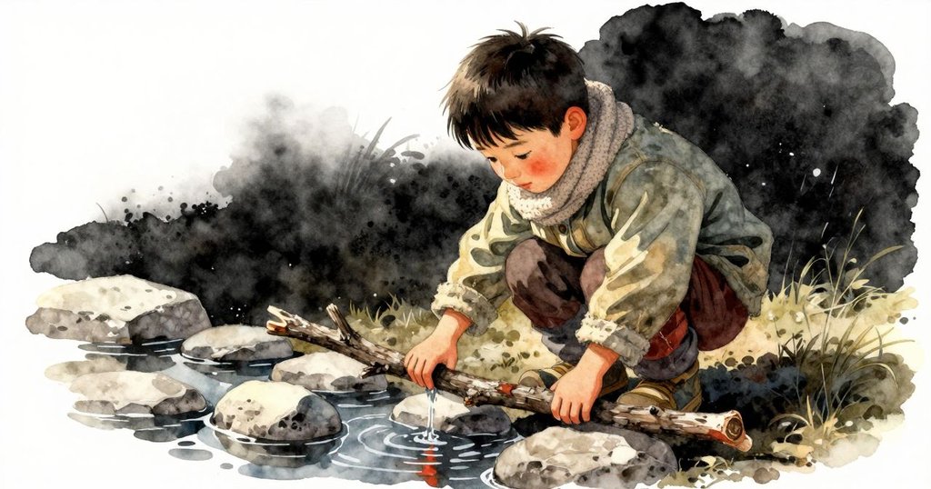 伊萊小心翼翼地撿起一根長樹枝,放在潮濕的石頭間測試水深,神情專注又充滿好奇