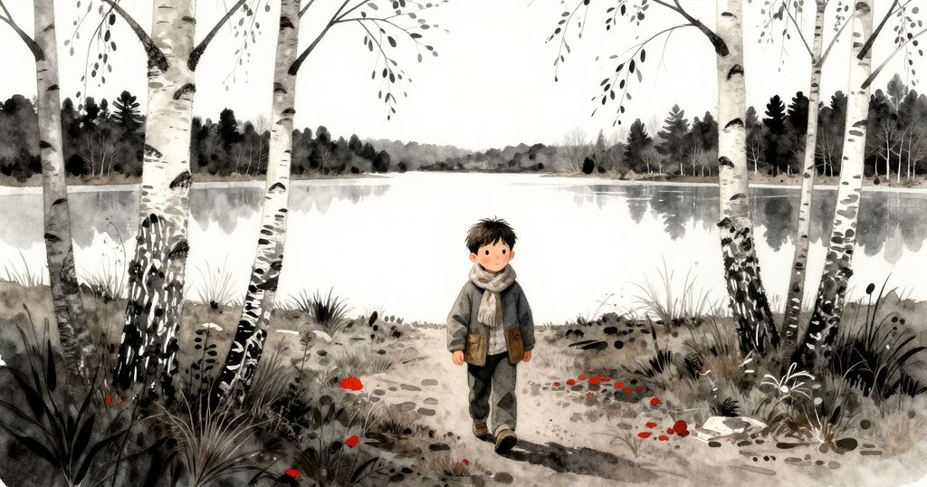 伊萊整理好衣物,轉向被樺樹幼苗環繞的小徑,遠景中展現出融冰的池塘與大自然的廣闊情懷