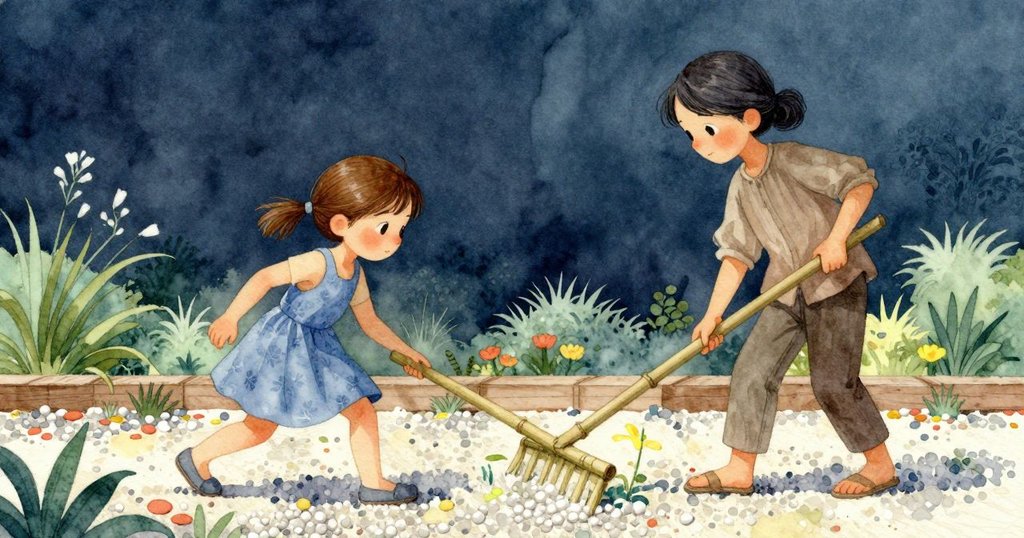 Josie站在木門檻上注視Wilder在砂礫園裡用竹耙耙動，光影交錯，早晨明亮中帶著神情驚奇