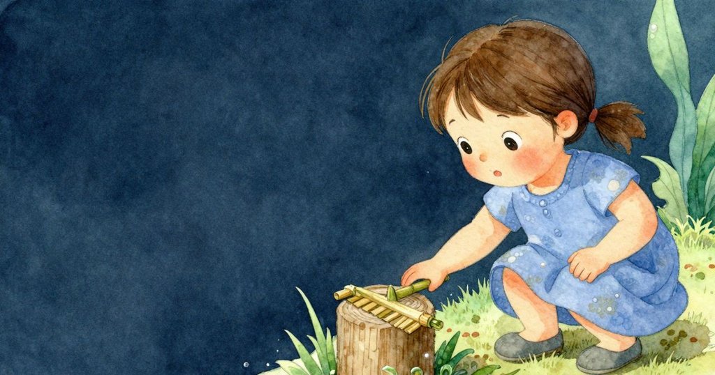 Josie伸手抓取放在雪松柱上的竹耙，背景簡約呈現砂礫細節，神情專注而溫柔