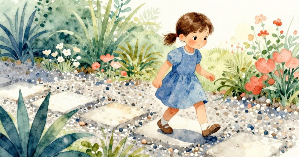 Josie踏在花園邊石上，細察不平砂礫溝痕，前景岩石、遠景苔蘚層次分明，神情專注