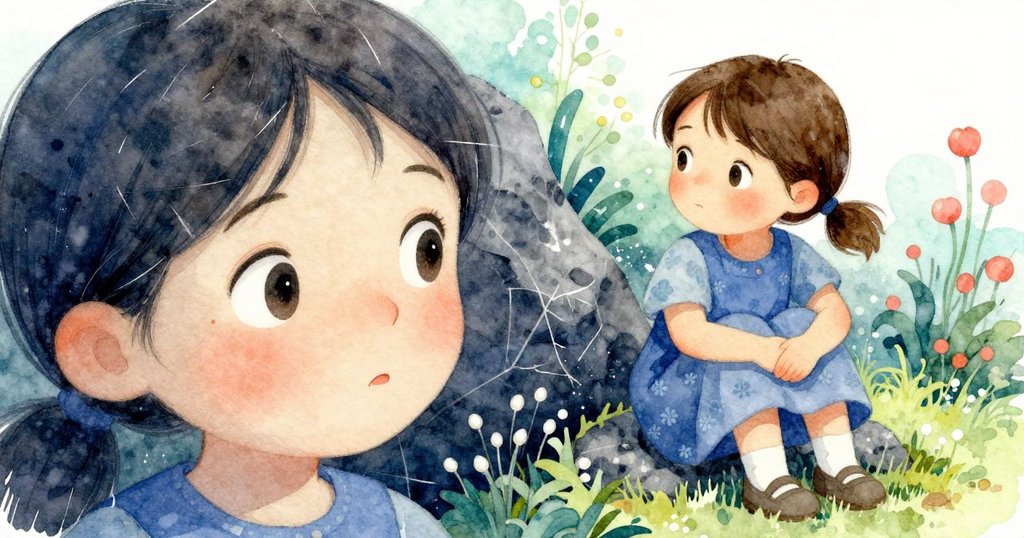 Josie靠著竹耙仔細觀察花園中新舊刻痕分割畫面，一旁為新曲線，一旁呈現古老痕跡，表情驚訝