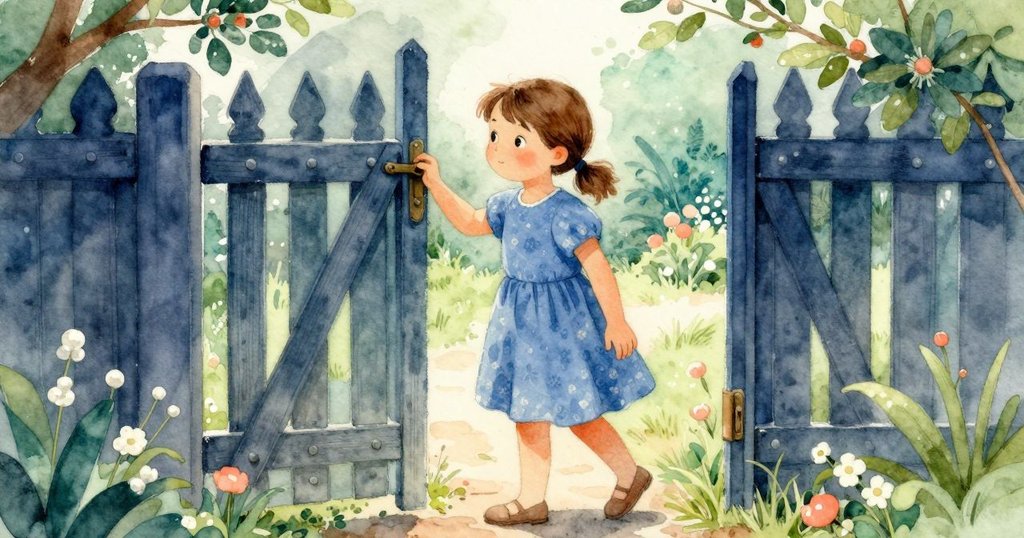 Josie在柔和晨光中通過花園側門，輕抬閂門，回望砂礫花園，神情中流露離愁與溫暖回憶