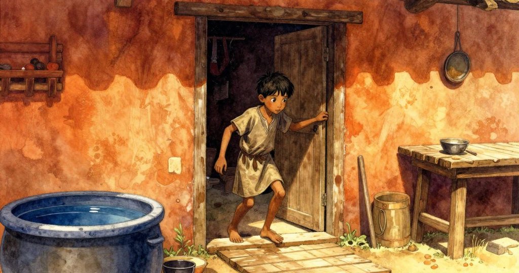 科賓從充滿陽光的門口踏上木板，背景隱約有靛藍缸體，充滿好奇心，展現工坊初探情景。