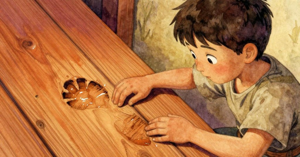 科賓蹲下仔細檢查木板上濕潤的腳印，手輕觸痕跡，神情專注，彰顯工坊內細微發現。