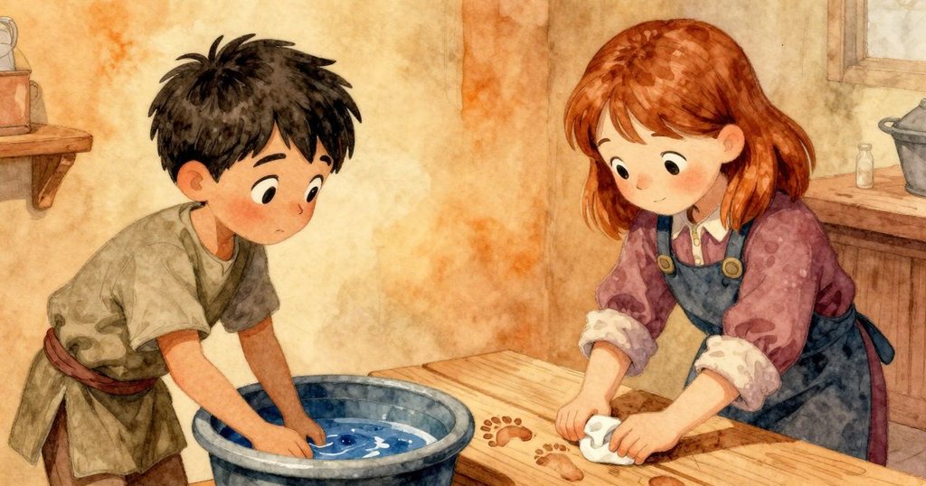 菲奧娜在缸邊操作布料，藍綠液體飛濺；科賓在木板上細查腳印，兩人分屏展現工坊忙碌情景。