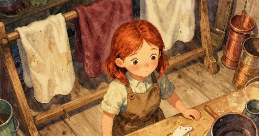 從高處俯瞰濕漉漉的木架與布料，菲奧娜在後景調整面板，展現工坊內時間痕跡與溫暖氣氛。