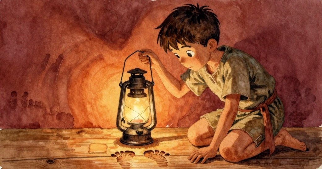 科賓手持油燈蹲在木板旁，仔細觀察擴大的濕跡，神情謹慎與好奇並存，展現探索瞬間。