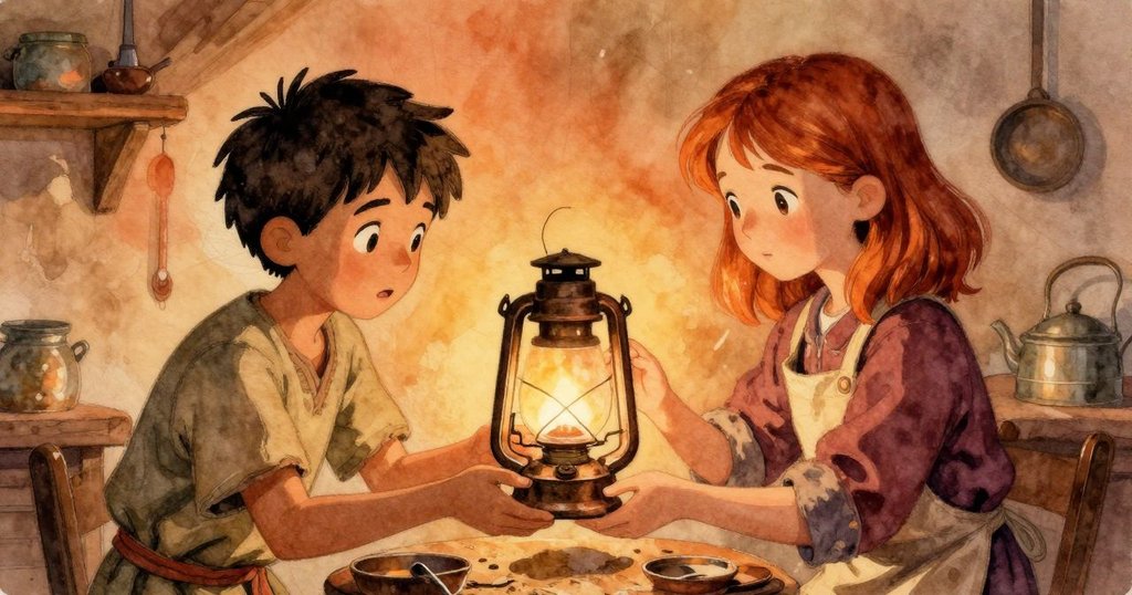 科賓將油燈遞給菲奧娜，兩人在工坊中互動理解，神情溫暖共鳴，達成共同發現的高潮。