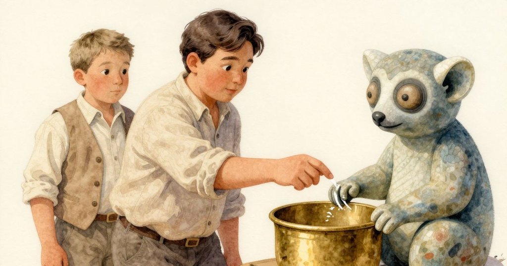 Nestor 的手指輕觸銅杯上的粉筆痕跡，細節清晰，柔和光線映襯背景朦朧，展現奇妙紋理