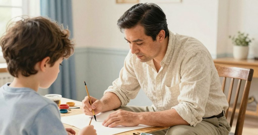 Nestor 從身後觀看工作桌，看到墨池、毛筆和紙張擺放整齊，燈光柔和，氛圍充滿期待