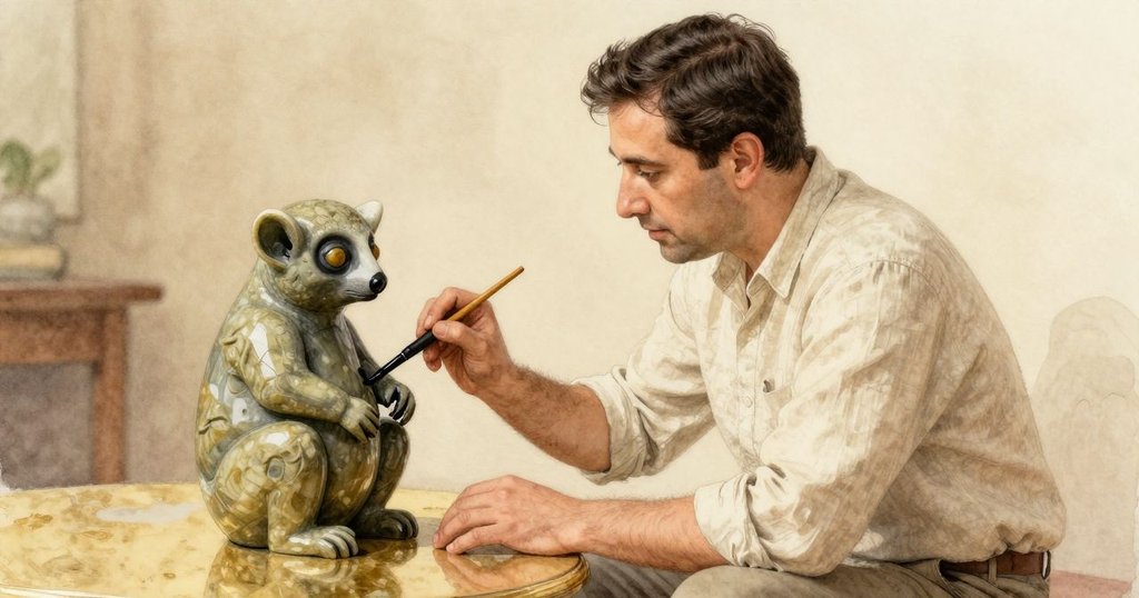 Nestor 蘸毛筆於墨池中，旁邊有皺石狐猴雕像靜觀，室內暖黃光線流瀉，畫面充滿神秘儀式感