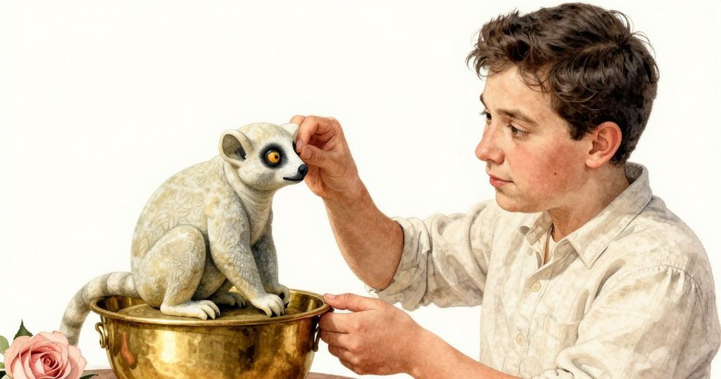 Nestor 正將皺石狐猴平衡於銅杯邊，細節凝固，柔和光線突顯動作，場景充滿冷靜決斷