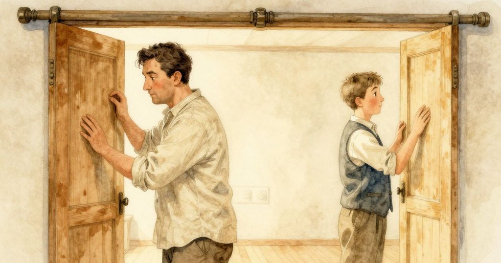 Nestor 緩步走向關閉的木門，Irving 背景中整理紙張，室內充滿黃昏溫暖光線，表情沉思，結局溫暖