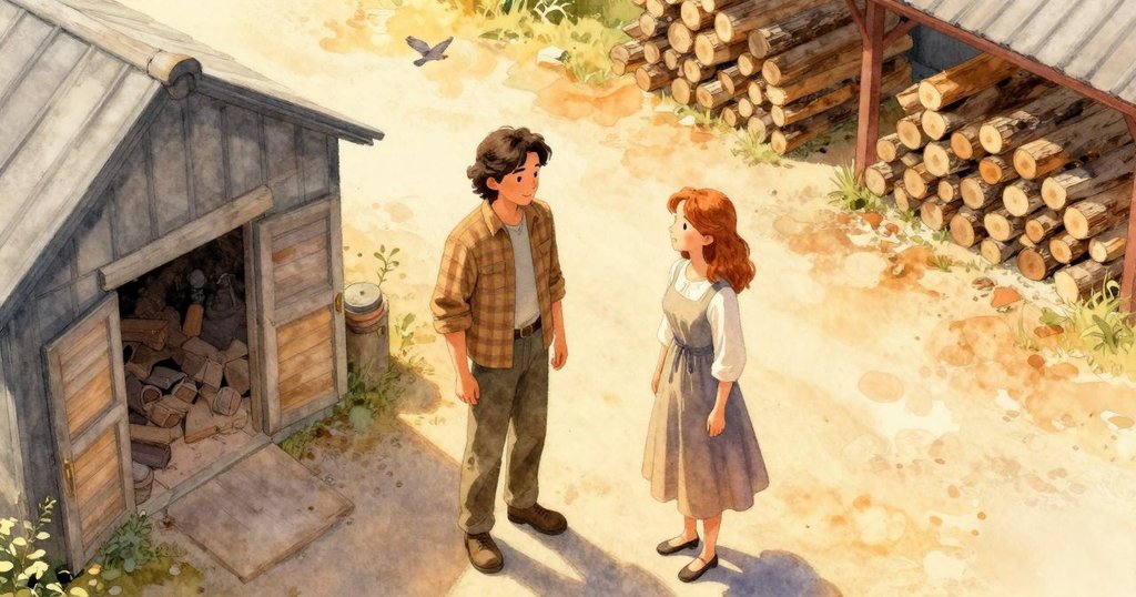 高空視角下，一位男子在窯爐旁忙碌，木堆整齊，小鳥掠過，溫暖光線灑落，場景壯闊且充滿生機