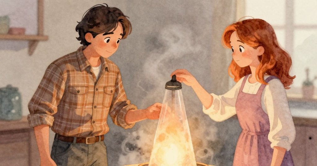 男子細心檢查發光的溫度錐，灰塵輕舞於空中，溫暖燈光襯托出細膩工藝的象徵意義