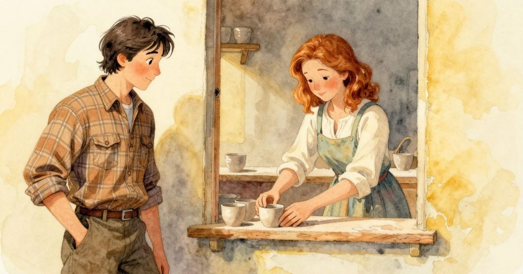 女子透過狹窄縫隙觀察窯內景，專注擺放未燒杯子，光影柔和營造出靜謐細膩氣氛