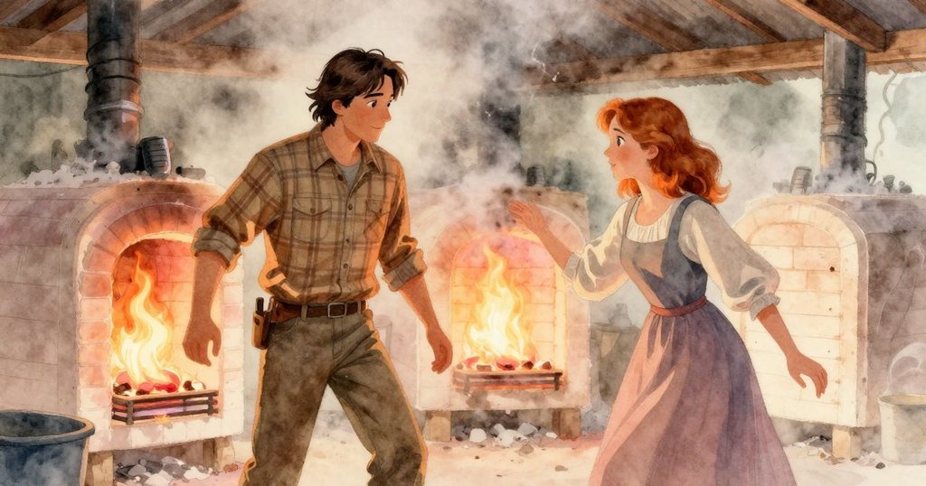 窯爐火光中，男子低放木柴，女子調整杯子，灰塵紛飛營造出溫暖動感氛圍，場景生動