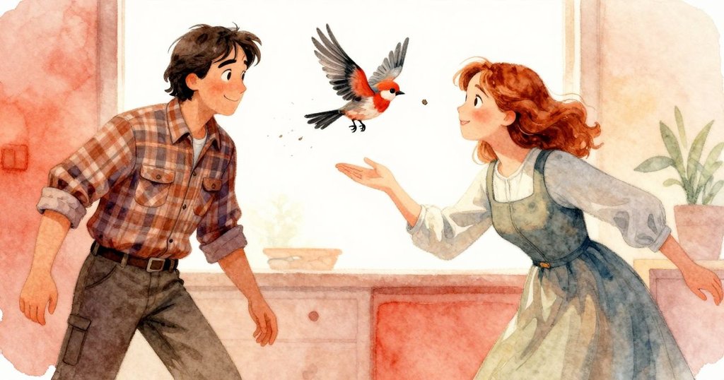 一隻小鳥驟然穿梭窯內，咬著燒結泥片，男子與女子目光緊隨，畫面充滿活力與緊張氣氛