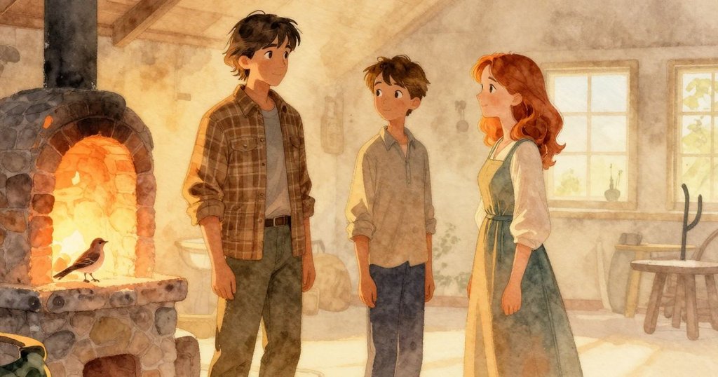 黃昏柔光中，男子小心調整木柴，女子微笑點頭，小鳥靜立於溫暖窯爐上，場景寧靜柔和，充滿結局感