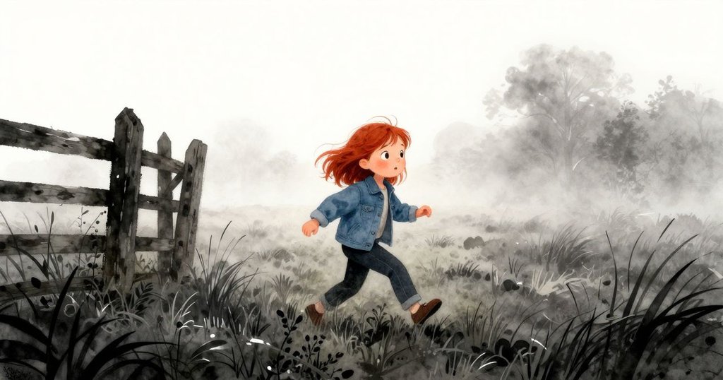 奧拉離開碎石邊緣，走進迷霧中的草地，背景有斑駁柵欄，神情充滿期待與輕柔晨霧過渡