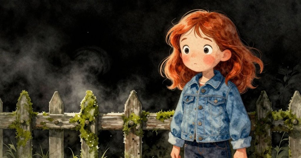 奧拉細看老舊柵欄上發光苔蘚覆蓋處，手指輕觸隱藏藍帶，神情專注於細節探索