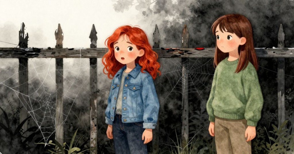 奧拉與凱蒂亞站在斑駁柵欄旁，背景展示閃爍露珠蜘蛛網及遠處烏鴉影子，層次豐富展現