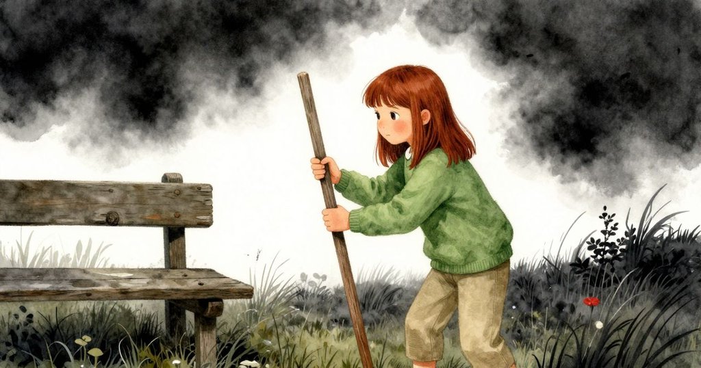 凱蒂亞在乾燥邊緣舉起舊木樁，旁邊是扭曲長椅與枯草，展現靜謐轉換與決心