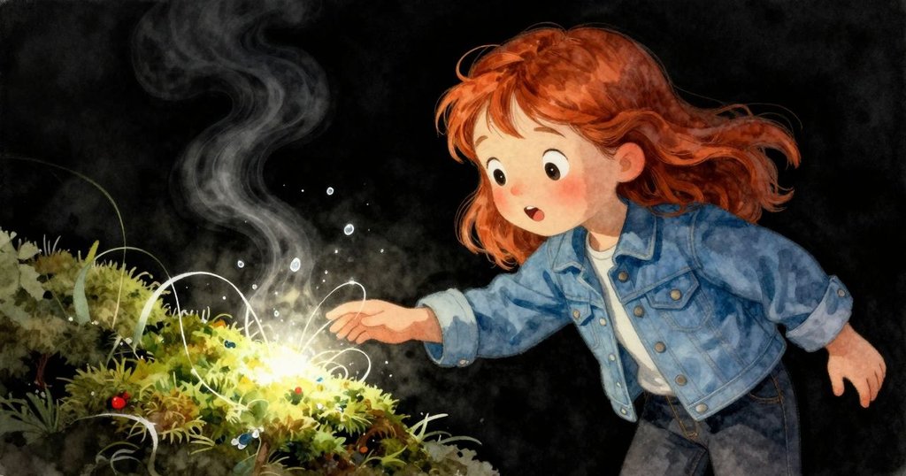 奧拉蹲伏近距離觀察發光苔蘚，手輕觸隱現藍帶，露珠閃爍定格靜謐驚喜瞬間