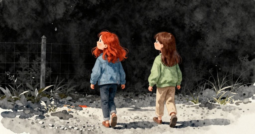 奧拉與凱蒂亞並肩走向碎石邊緣，身後柵欄滴水映晚陽，探索結束充滿寧靜反思與和諧