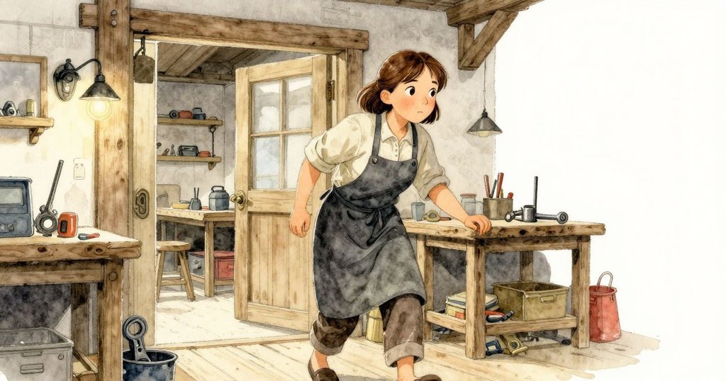 Dinah 推開工作坊的門，背景中散落著工具和機械零件，燈光溫暖，展現故事開頭的期待氣氛