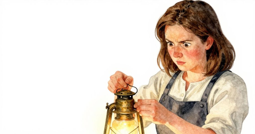 Dinah 的手在工作台上調整銅圓柱，桌面上出現暗色絲帶，燈光柔和映襯著工具細節，展現故事發展中的細膩轉折