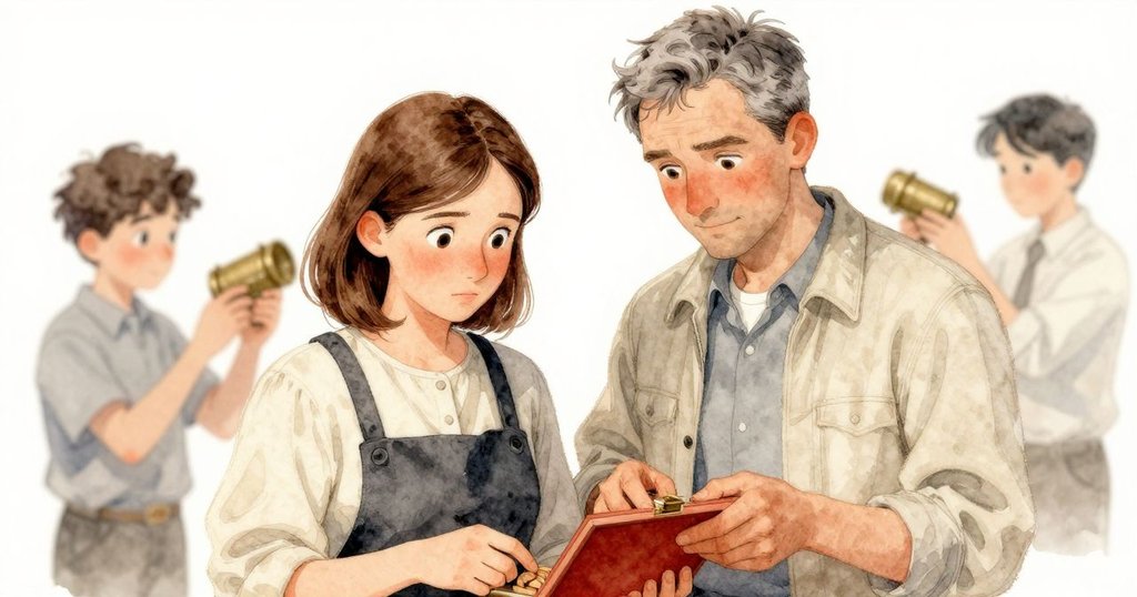 Dinah 在前景細心磨拭核桃盒，背景中 Gareth 正調整銅圓柱，多層次景深展示工作坊內景，展現故事過程