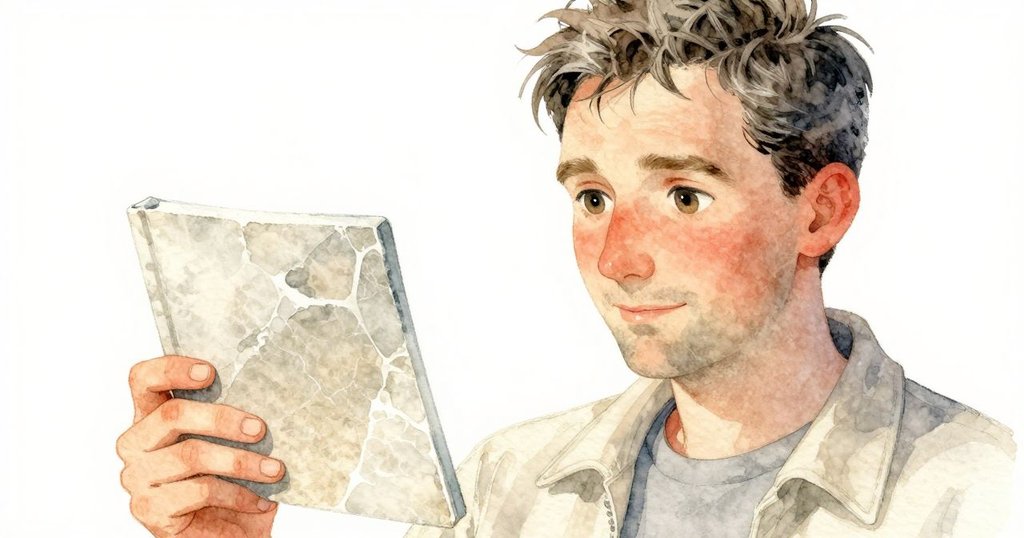 Gareth 手持砂岩紙鎮，柔和懷舊色調映襯出工作坊一角，展露出回憶與思索的神情，敘述回憶時光