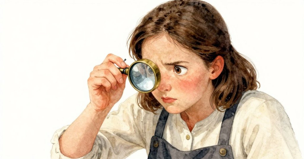 Dinah 透過放大鏡細察銅針彎曲處，臉上流露出緊張與專注，燈光突出細節，展現故事高潮的關鍵瞬間