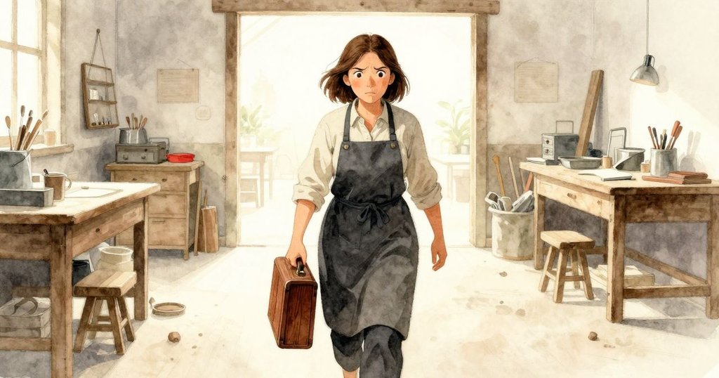 Dinah 手持核桃盒向工具架走去，背景中銅圓柱靜靜散發著餘溫，展現出迎向新未來的堅定與希望