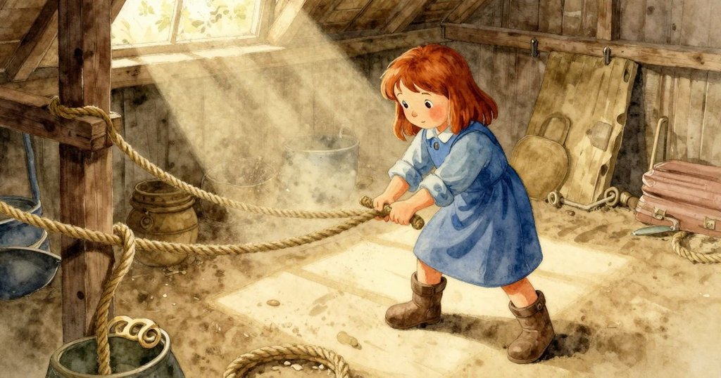 科萊特在充滿陽光的舊木棚中操作繩索，動作專注，四周飛舞著微塵，氣氛溫暖安靜