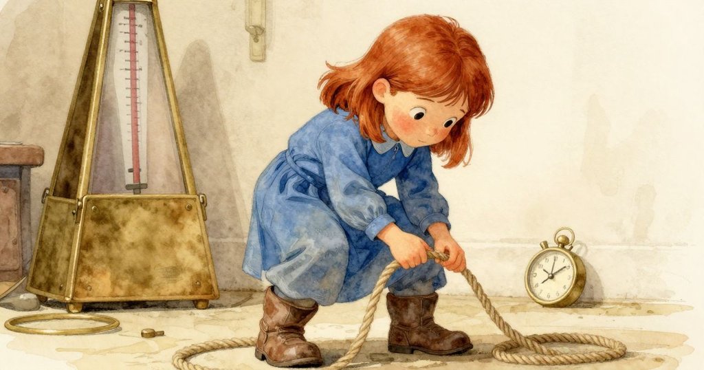 低角度視角下，科萊特專注處理繩索，背景中黃銅計時器穩定運作，動作堅定而從容