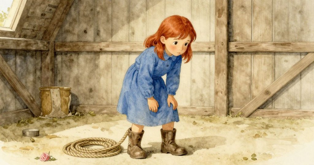 科萊特在柔和陽光下整理成卷的繩索，神情平靜中帶著一絲釋然，舊木棚靜謐背景隱約可見