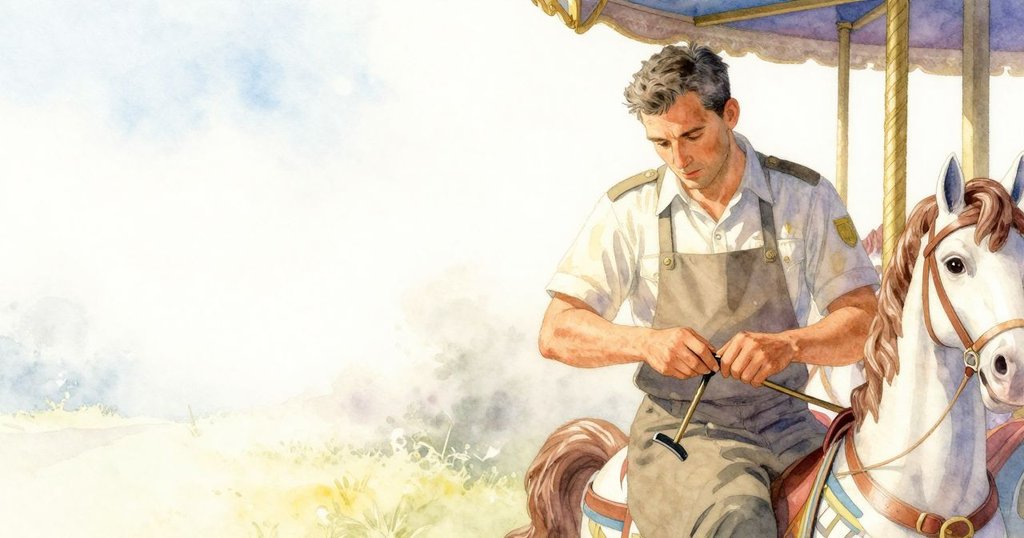 格倫在晨霧中調整旋轉木馬皮帶，背景呈現輕柔光線和溫暖色調，表情專注且安心。