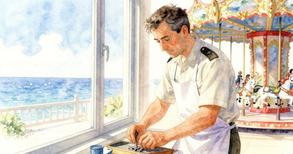 格倫站在窗邊凝望外景，窗外旋轉木馬與飛舞的鴿子在明亮光線下展現寧靜奇妙情境。