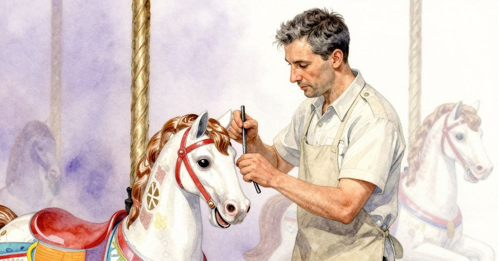 格倫注視著馬身裂紋中閃爍的縫隙，畫面分割展現旋轉木馬外觀與內部機構，充滿細膩對比與神秘感。