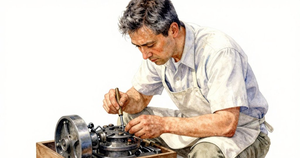 格倫蹲下仔細檢查旋轉木馬的內部機構，鏡頭突顯鐵圓盤上微小凹痕，呈現專注與憂慮神情。