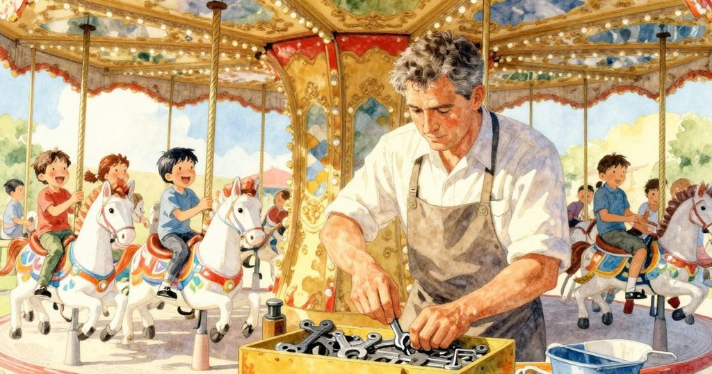 格倫站在旋轉木馬旁，手懸於工具箱中的扳手之上，背景中孩子們歡笑奔放，氛圍充滿思索與溫暖延續。